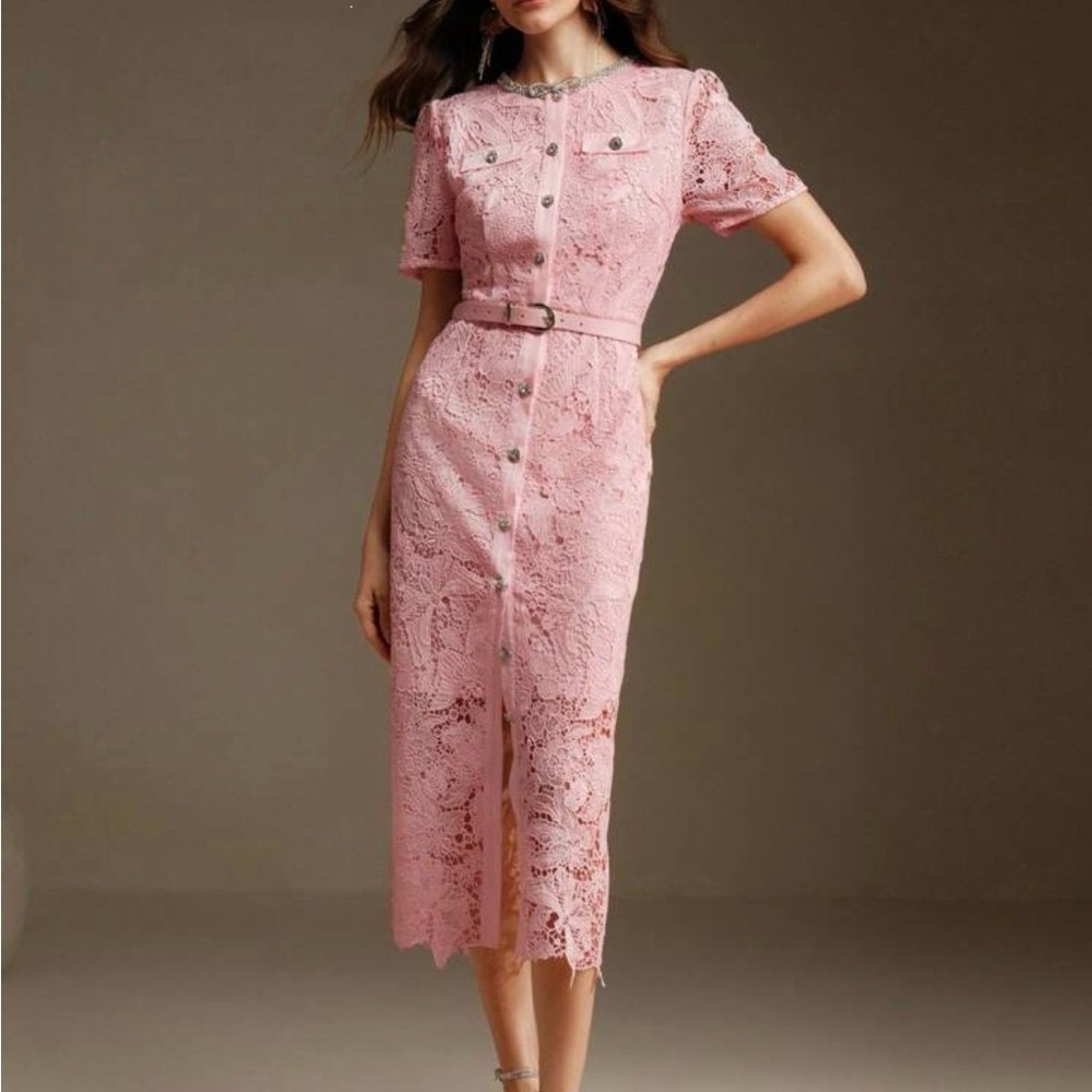 Elegant Pink Lace Midi Dress with Belt